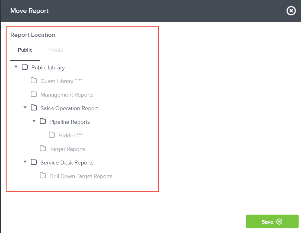 <i><b>Note:</b> You can only move a report or dashboard to a folder the logged in user has a modify permission to it. However, you can always move it to your own private library.</i>